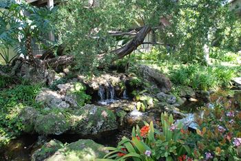 A small waterfall in a garden surrounded by rocks and plants.